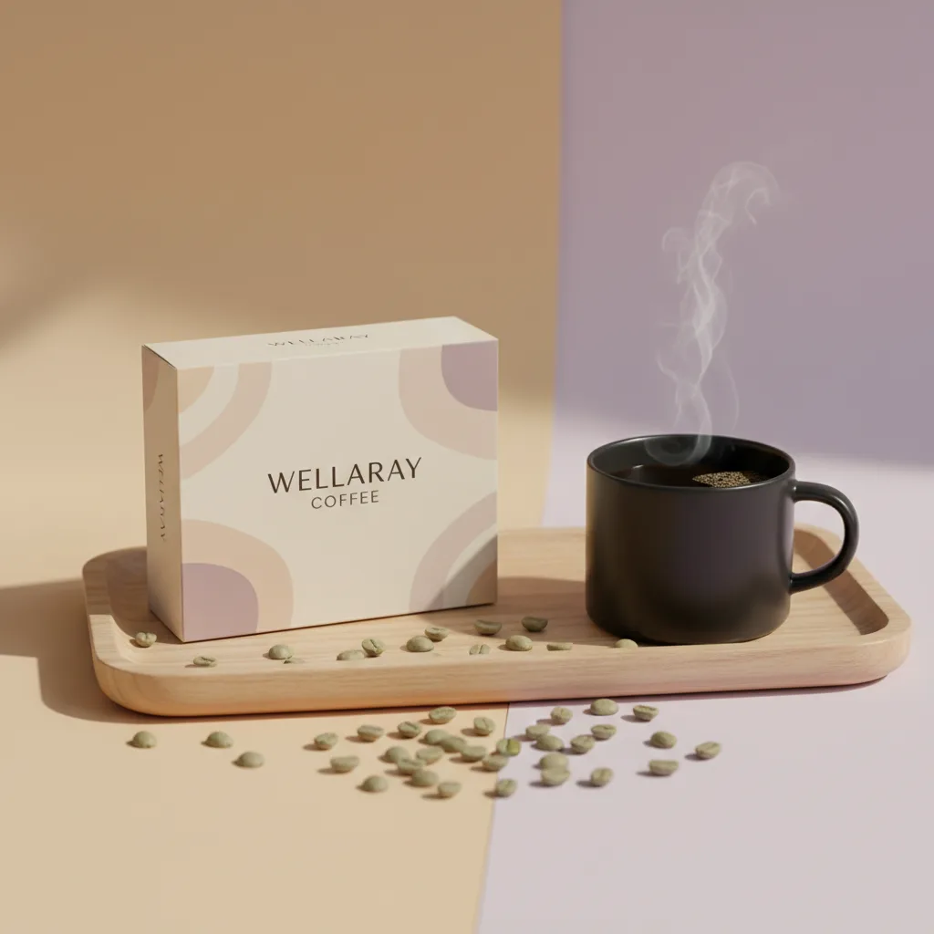 Wellaray Coffee Packung auf einem Tablett neben einer Kaffeetasse mit grünen Kaffeebohnen